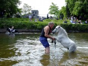 Members of the traveller community wash their horses in the river Eden during the horse fair in Appleby-in-Westmorland, northern Britain, June 2, 2016. REUTERS/Phil Noble